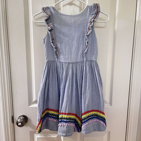 Mini Boden Blue Chambray Striped Rainbow Ric Rac Ruffle Dress Girls Size 9-10 - Picture 1 of 12